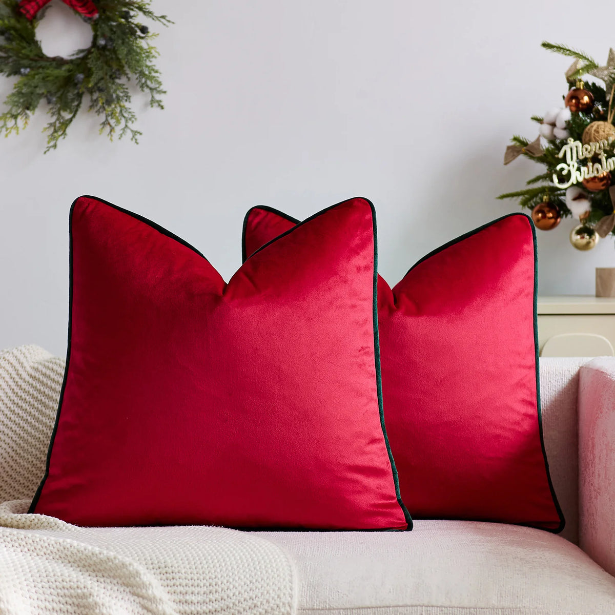 Throw Pillow Plush Velvet Contrast Piped Edge Removable Insert