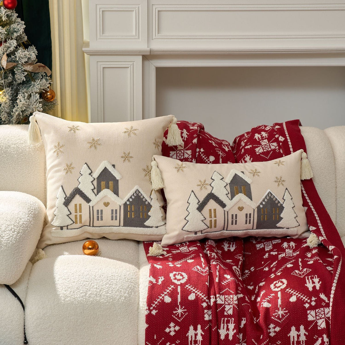 Throw Pillow Set Embroidered Snowy Village Faux-Shearling