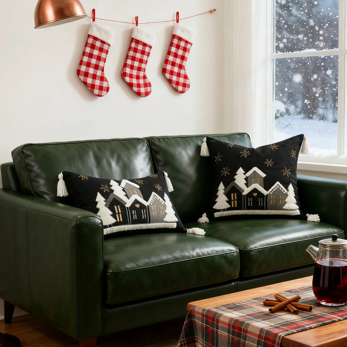 Throw Pillow Set Embroidered Snowy Village Faux-Shearling