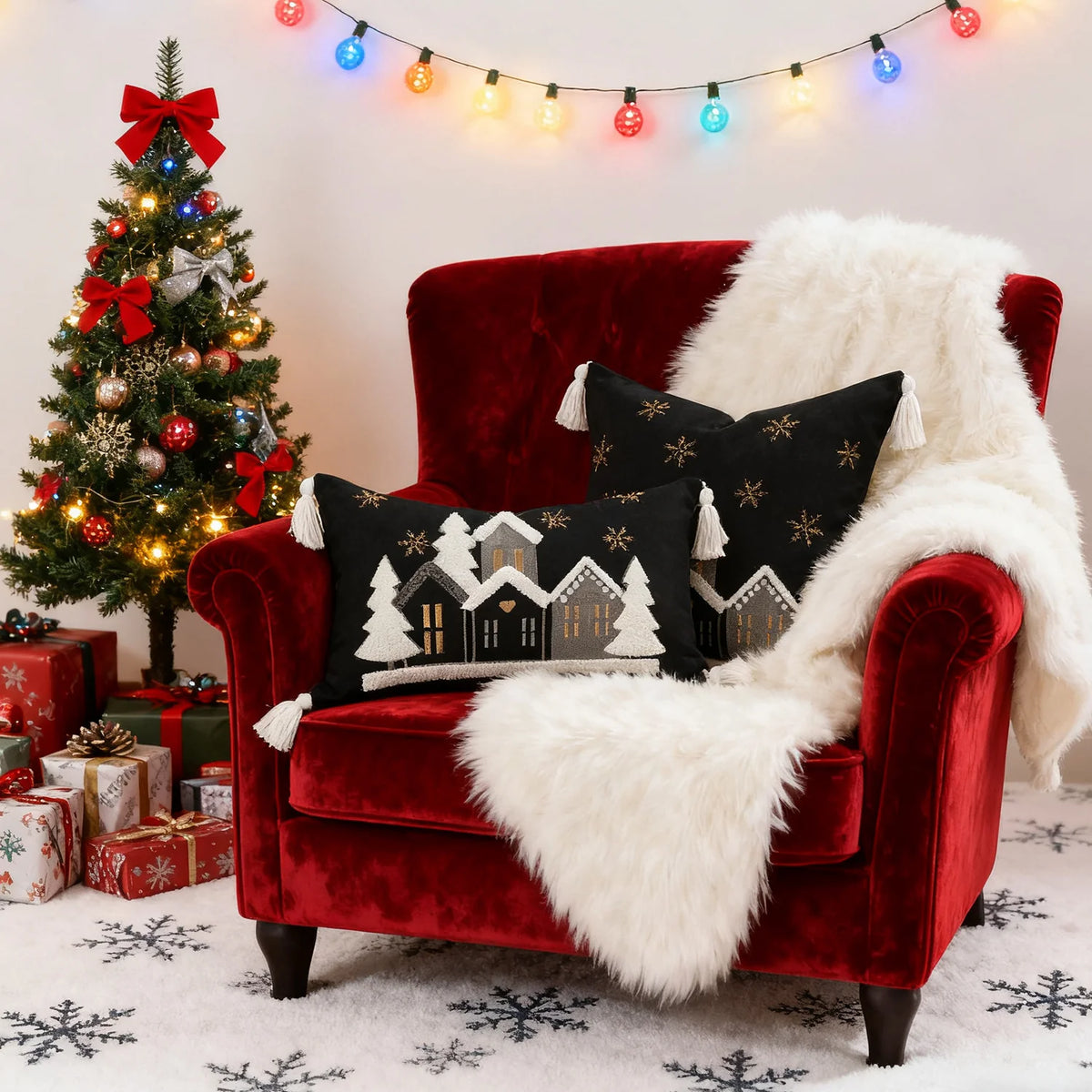 Throw Pillow Set Embroidered Snowy Village Faux-Shearling