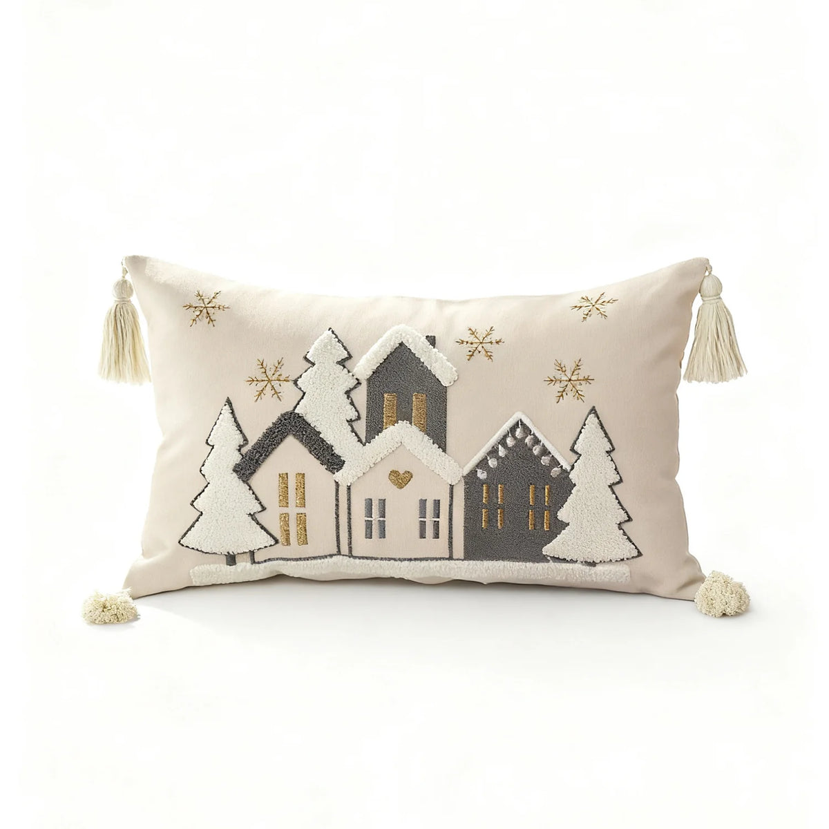 Throw Pillow Set Embroidered Snowy Village Faux-Shearling
