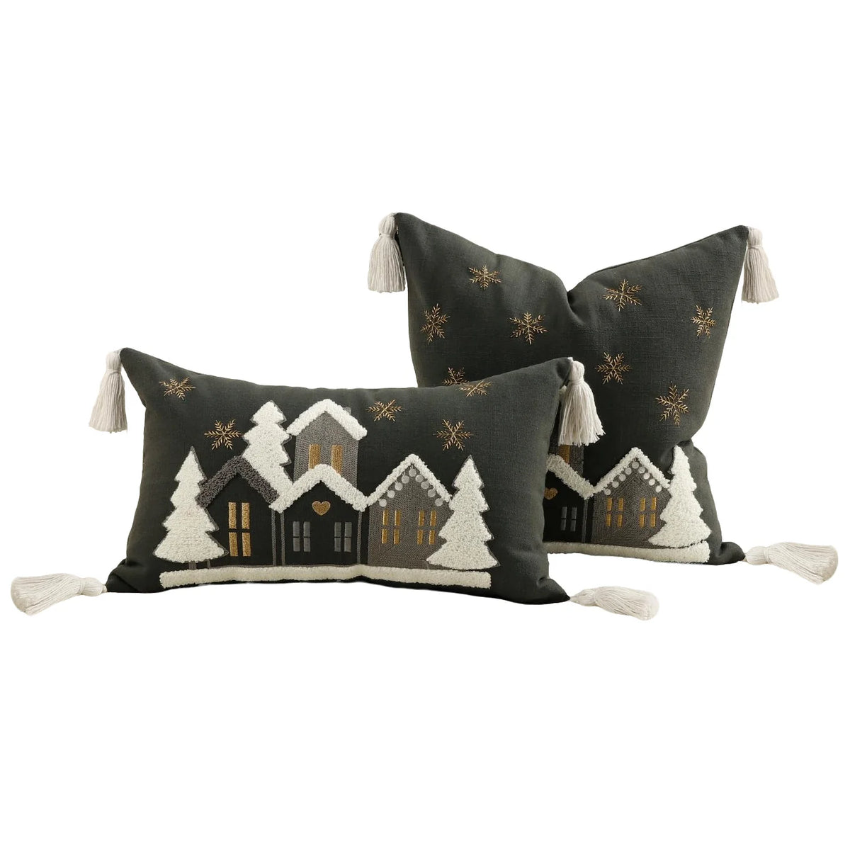 Throw Pillow Set Embroidered Snowy Village Faux-Shearling