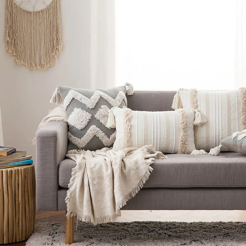 Throw Pillow Set Tufted Embroidery Tassels Mixed Lumbar & Square