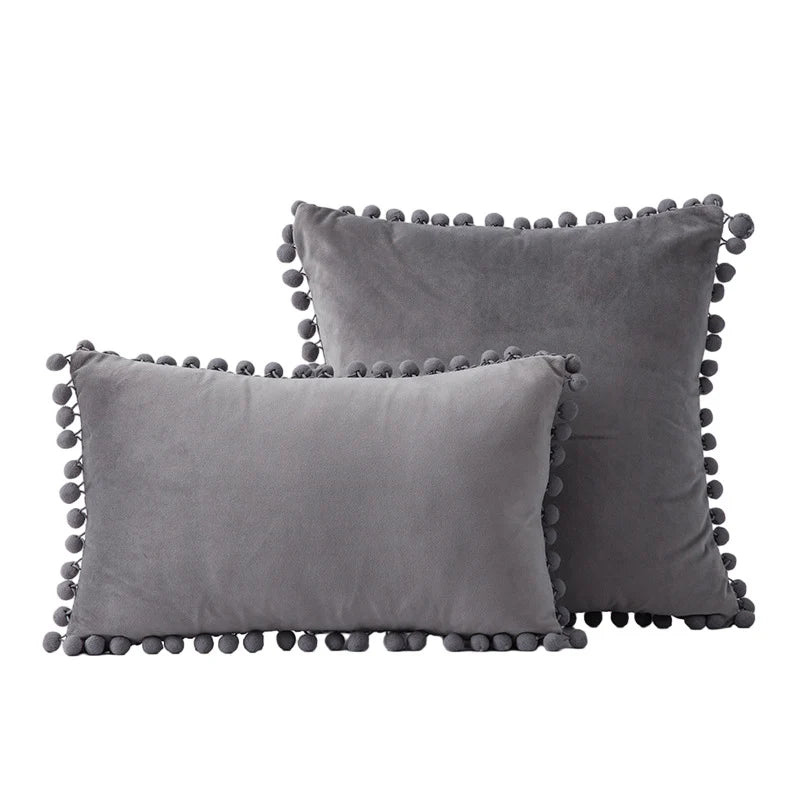 Throw Pillow Set Velvet Pom-Pom Fringe Hidden Zipper Closure
