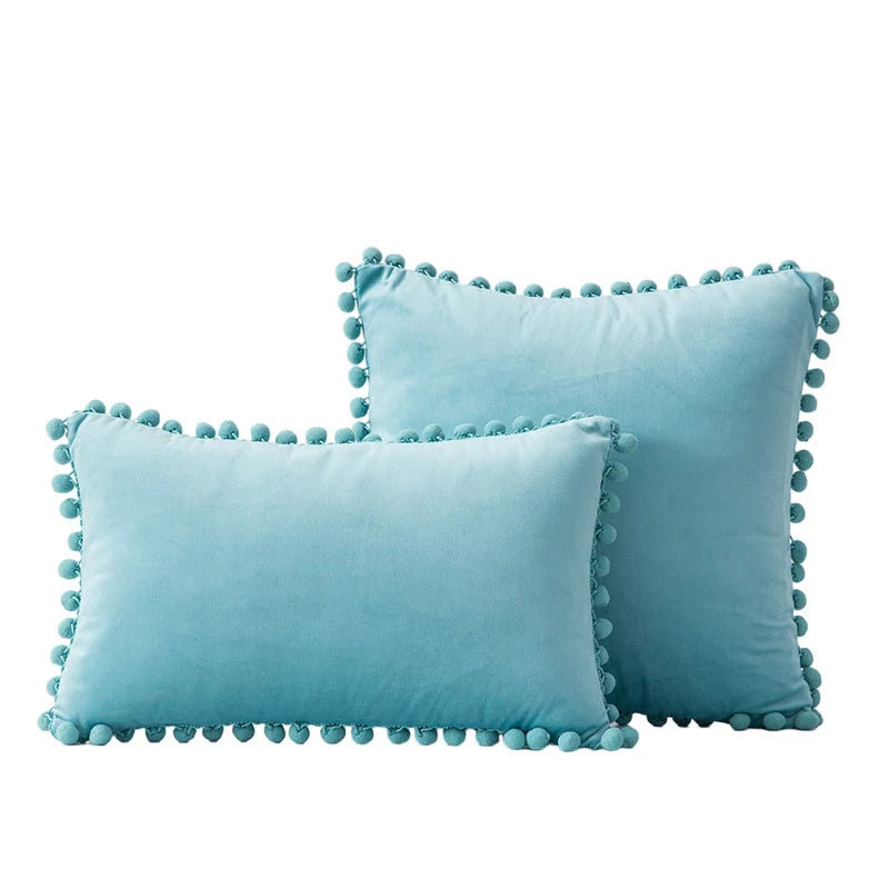 Throw Pillow Set Velvet Pom-Pom Fringe Hidden Zipper Closure