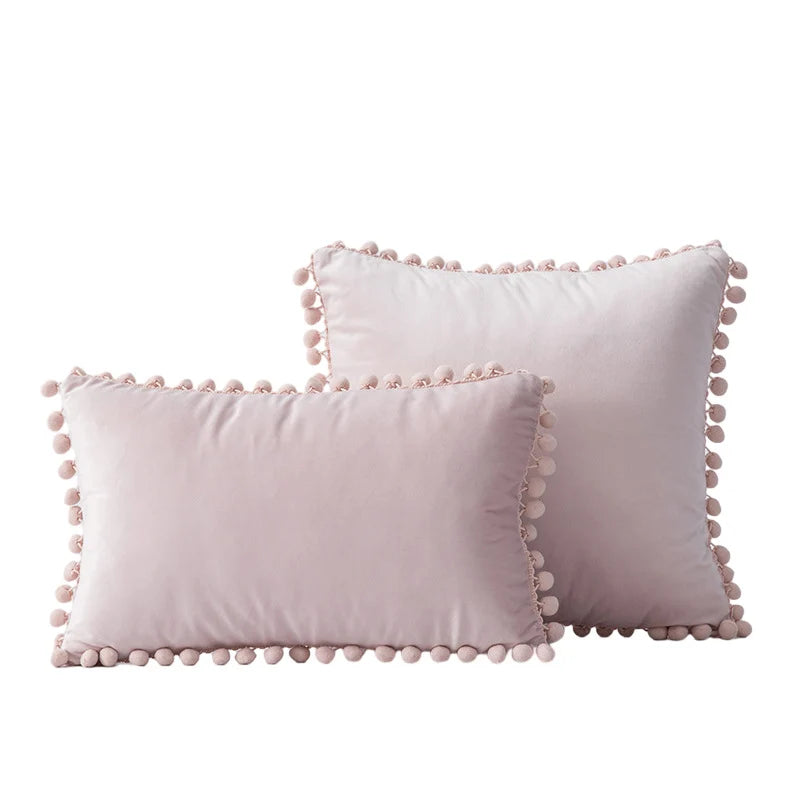 Throw Pillow Set Velvet Pom-Pom Fringe Hidden Zipper Closure