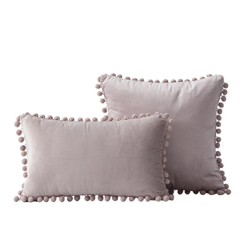 Throw Pillow Set Velvet Pom-Pom Fringe Hidden Zipper Closure