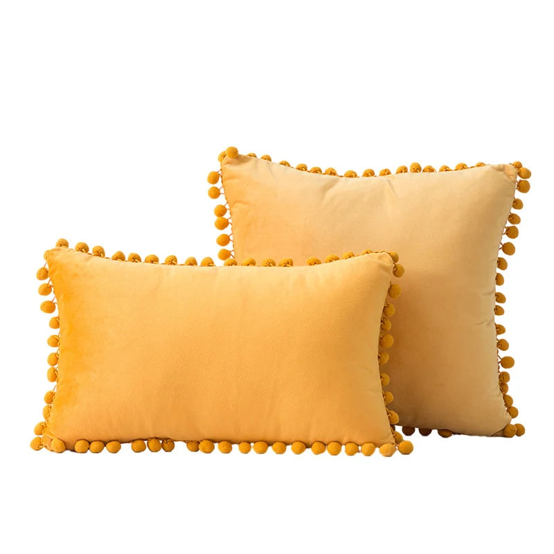 Throw Pillow Set Velvet Pom-Pom Fringe Hidden Zipper Closure