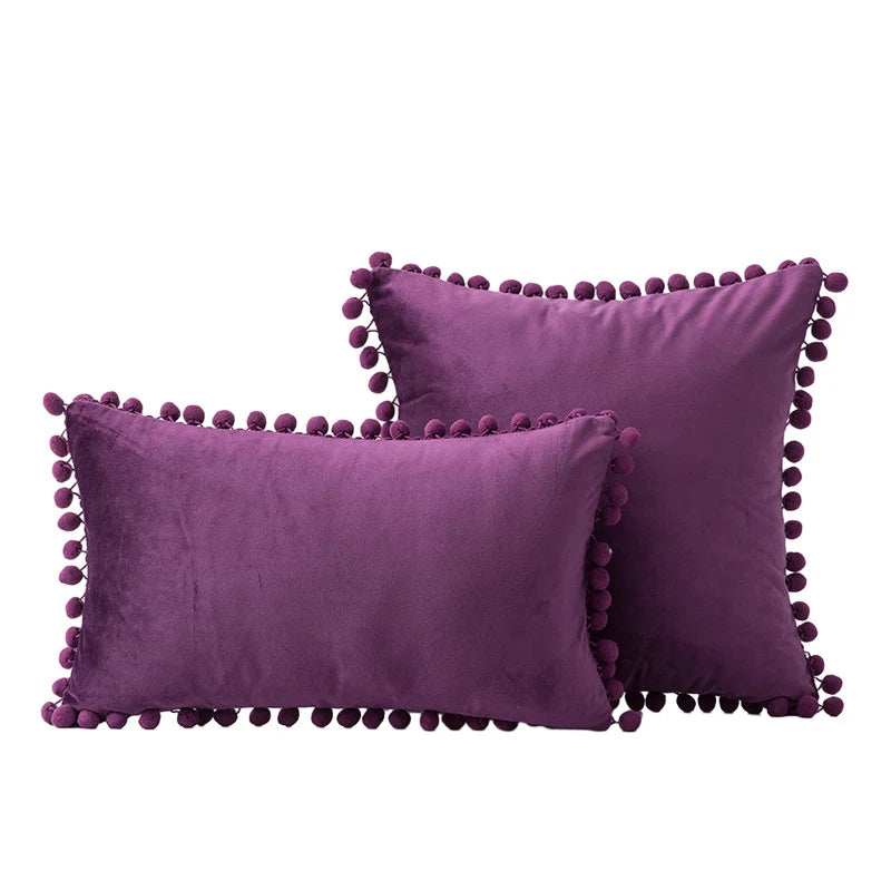 Throw Pillow Set Velvet Pom-Pom Fringe Hidden Zipper Closure