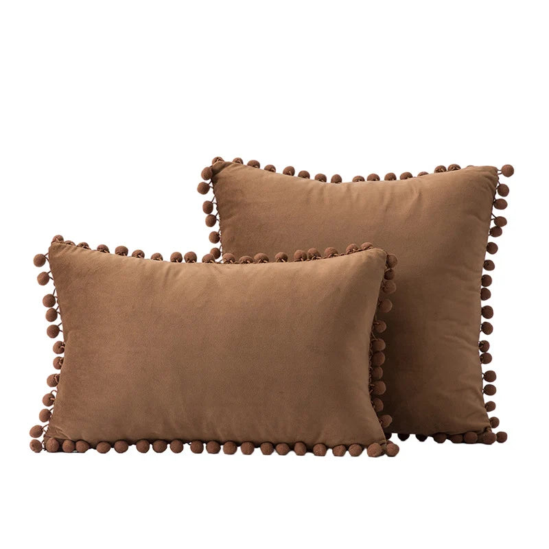 Throw Pillow Set Velvet Pom-Pom Fringe Hidden Zipper Closure