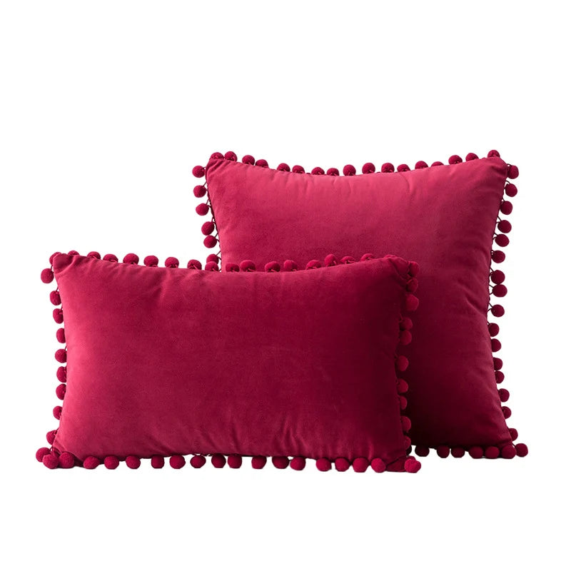 Throw Pillow Set Velvet Pom-Pom Fringe Hidden Zipper Closure