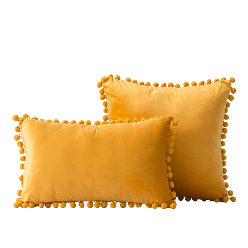 Throw Pillow Set Velvet Pom-Pom Fringe Hidden Zipper Closure