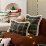 Throw Pillow Tartan Plaid Faux Fur Trim Shape-Retaining Filling