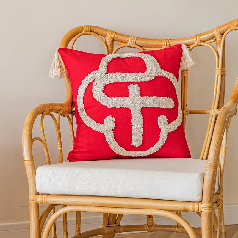 Throw Pillow Tufted Monogram & Tassel Trim