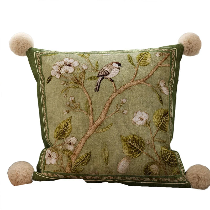 Throw Pillow Velvet Embroidered Bird & Botanical Removable Cover