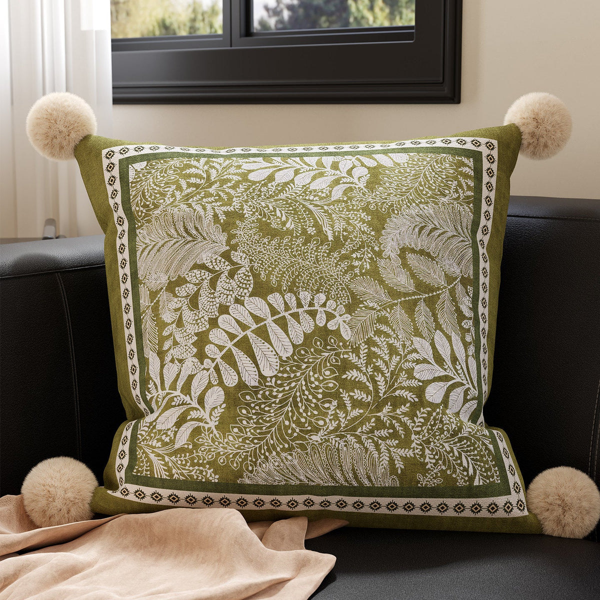 Throw Pillow Velvet Embroidered Bird & Botanical Removable Cover