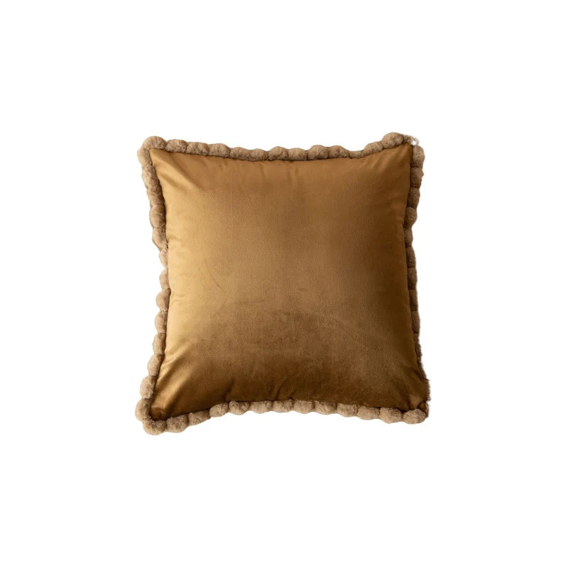 Throw Pillow Velvet-Look Pom-Pom Border Removable Concealed-Zip Cover
