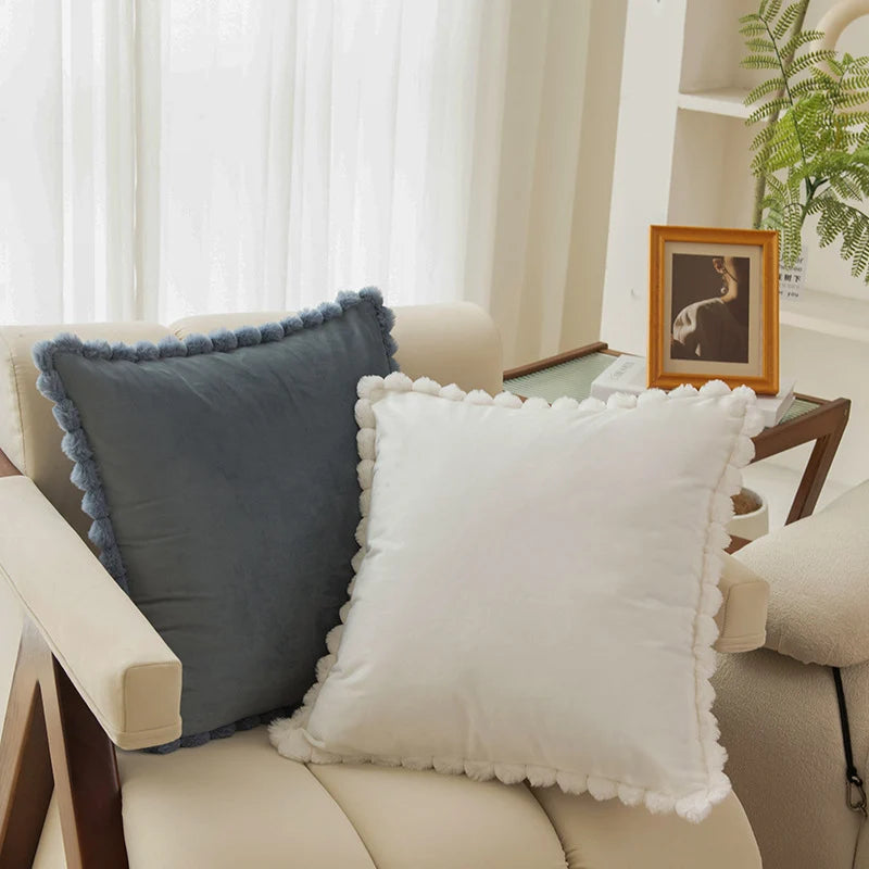 Throw Pillow Velvet-Look Pom-Pom Border Removable Concealed-Zip Cover