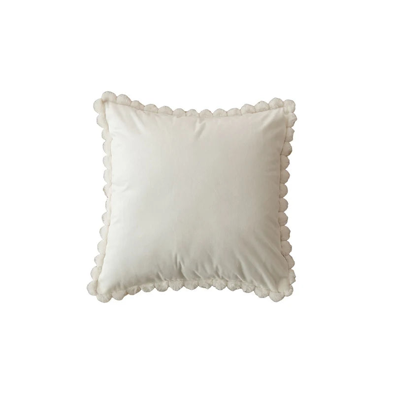 Throw Pillow Velvet-Look Pom-Pom Border Removable Concealed-Zip Cover