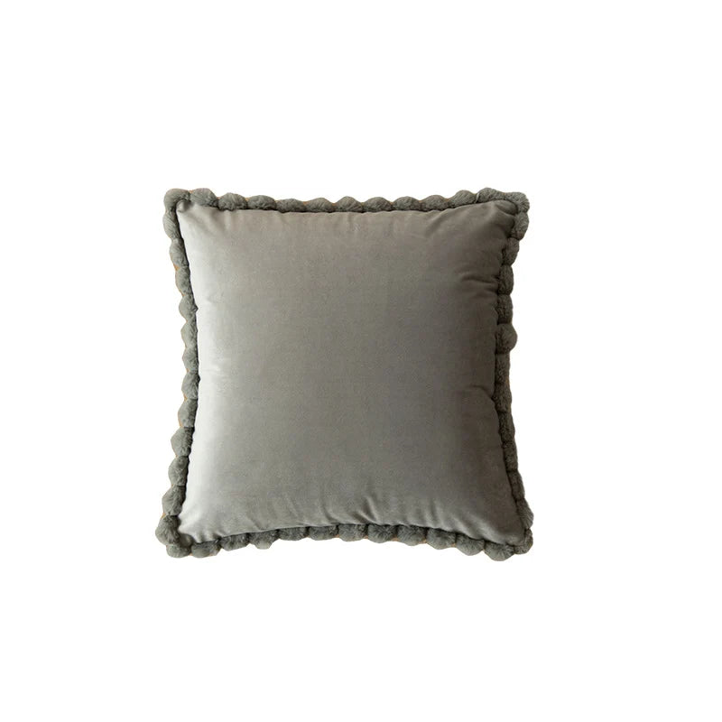 Throw Pillow Velvet-Look Pom-Pom Border Removable Concealed-Zip Cover