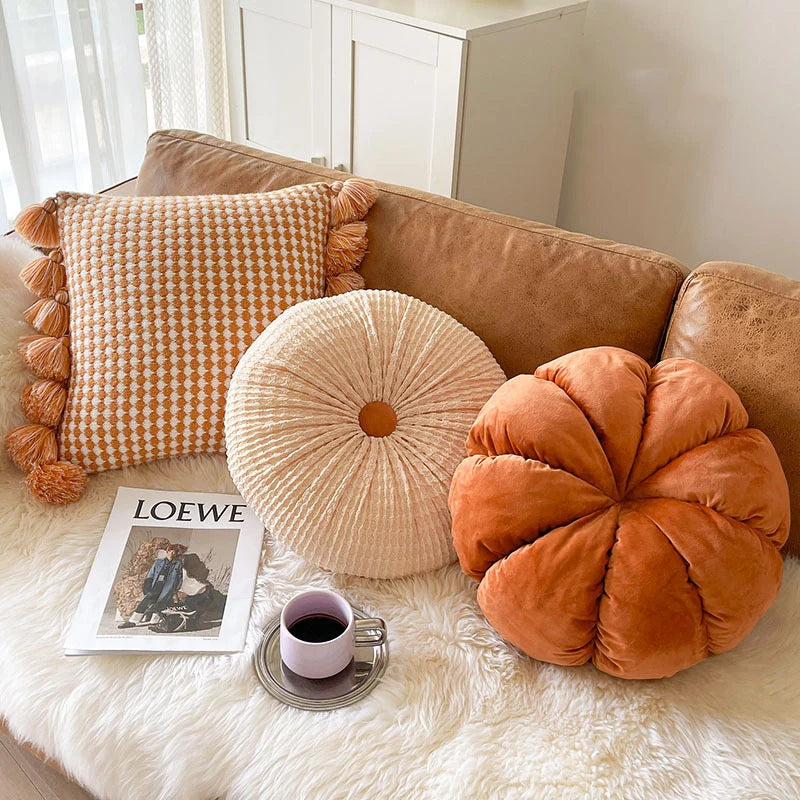 Throw Pillow Velvet Tufted Pumpkin Plush Filling