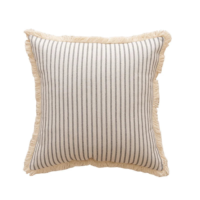 Throw Pillow Woven Canvas Pinstripe & Fringe Trim