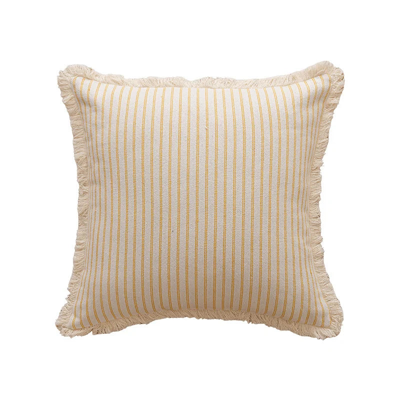Throw Pillow Woven Canvas Pinstripe & Fringe Trim