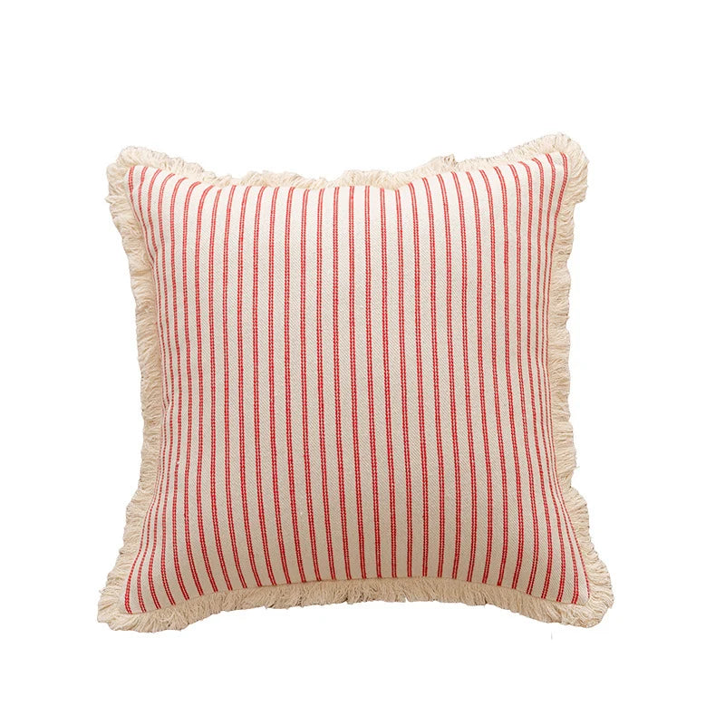Throw Pillow Woven Canvas Pinstripe & Fringe Trim