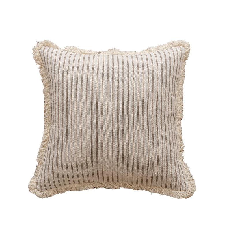 Throw Pillow Woven Canvas Pinstripe & Fringe Trim