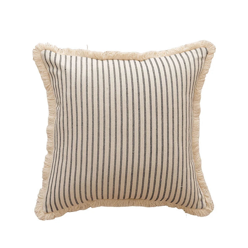 Throw Pillow Woven Canvas Pinstripe & Fringe Trim