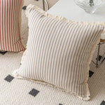 Throw Pillow Woven Canvas Pinstripe & Fringe Trim