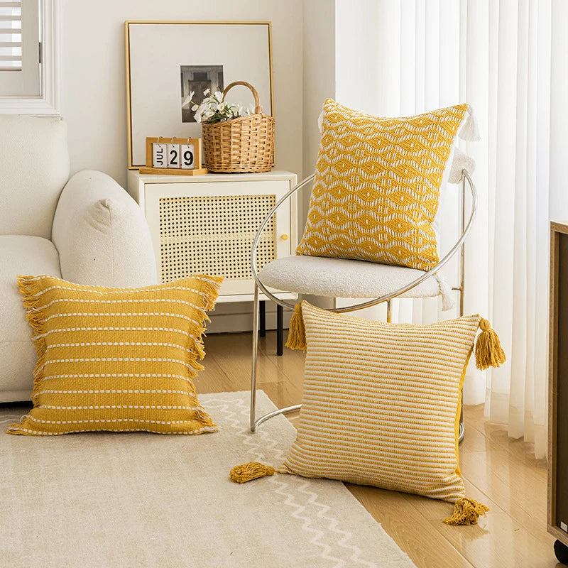 Throw Pillow Woven Striped Fringed Edges