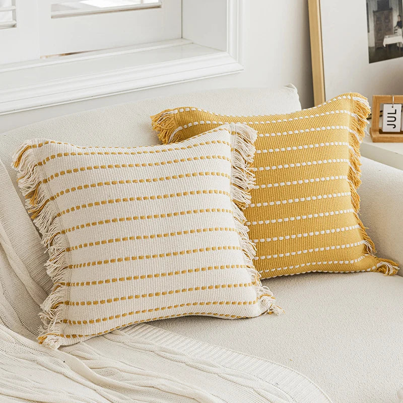 Throw Pillow Woven Striped Fringed Edges