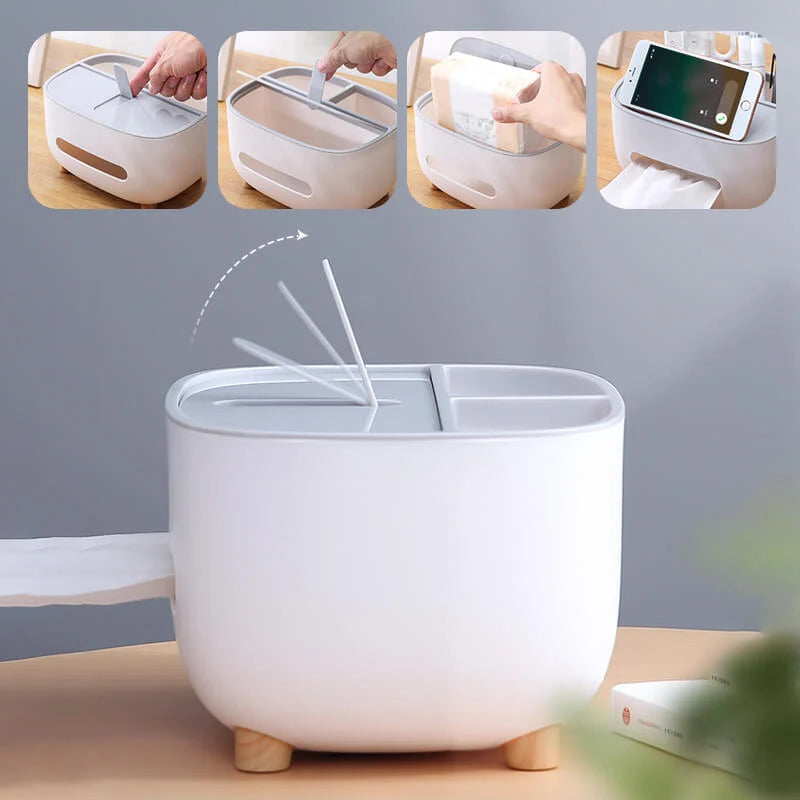 Tissue Box Holder Integrated Phone Stand Dual-Compartment Organizer