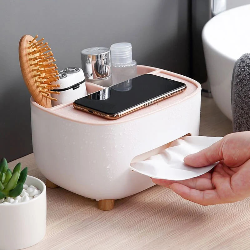 Tissue Box Holder Integrated Phone Stand Dual-Compartment Organizer