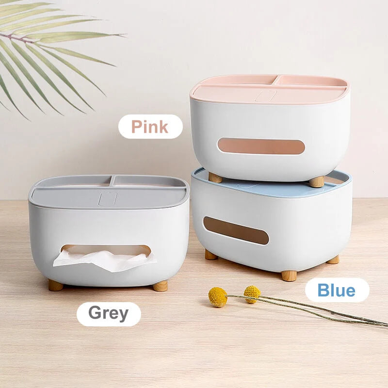 Tissue Box Holder Integrated Phone Stand Dual-Compartment Organizer