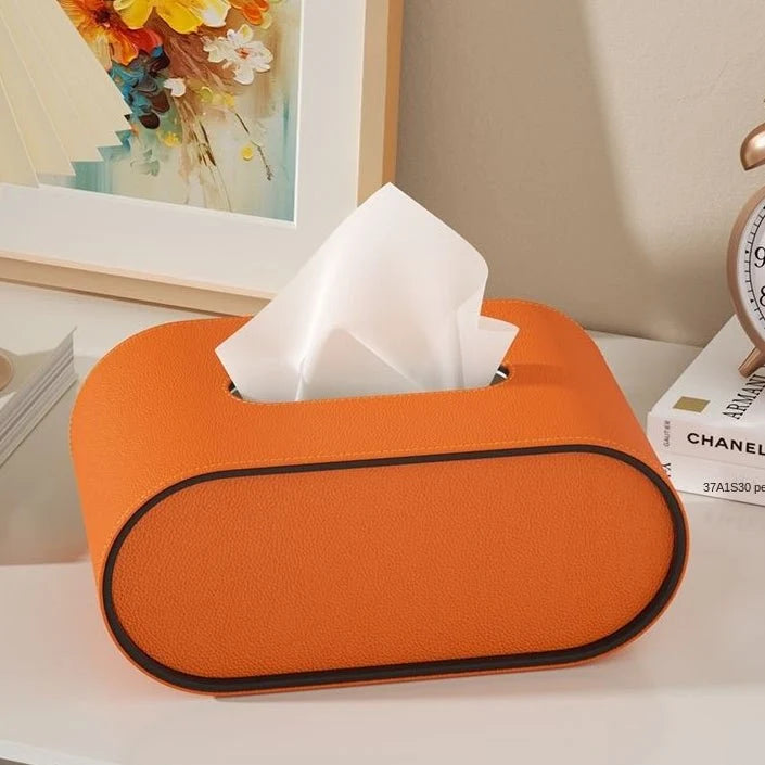 Tissue Box Leather Cover Oval Design Conceals Tissues