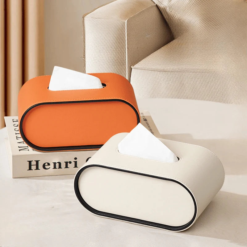 Tissue Box Leather Cover Oval Design Conceals Tissues