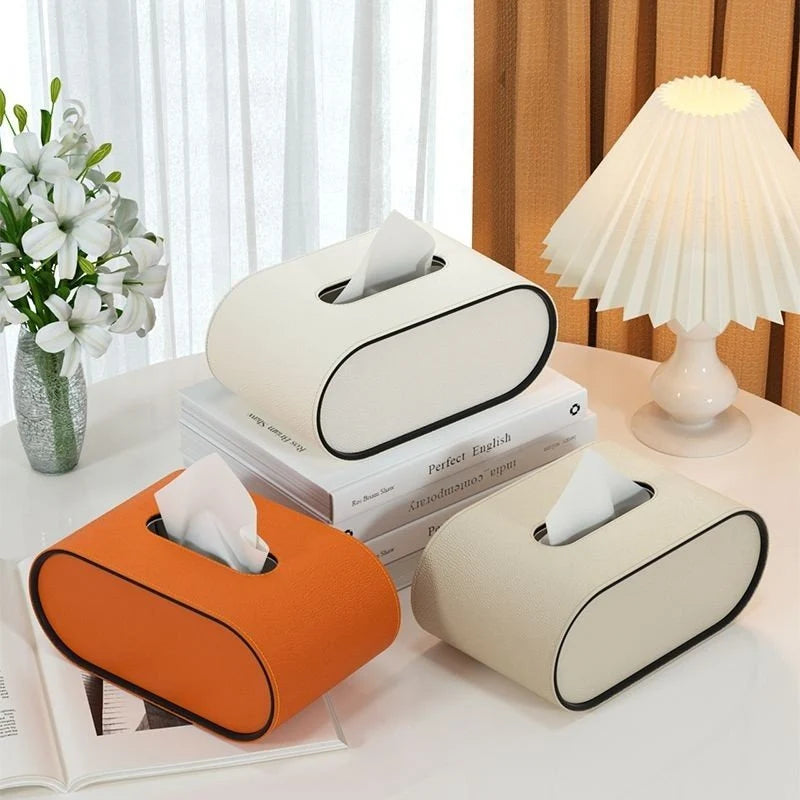 Tissue Box Leather Cover Oval Design Conceals Tissues