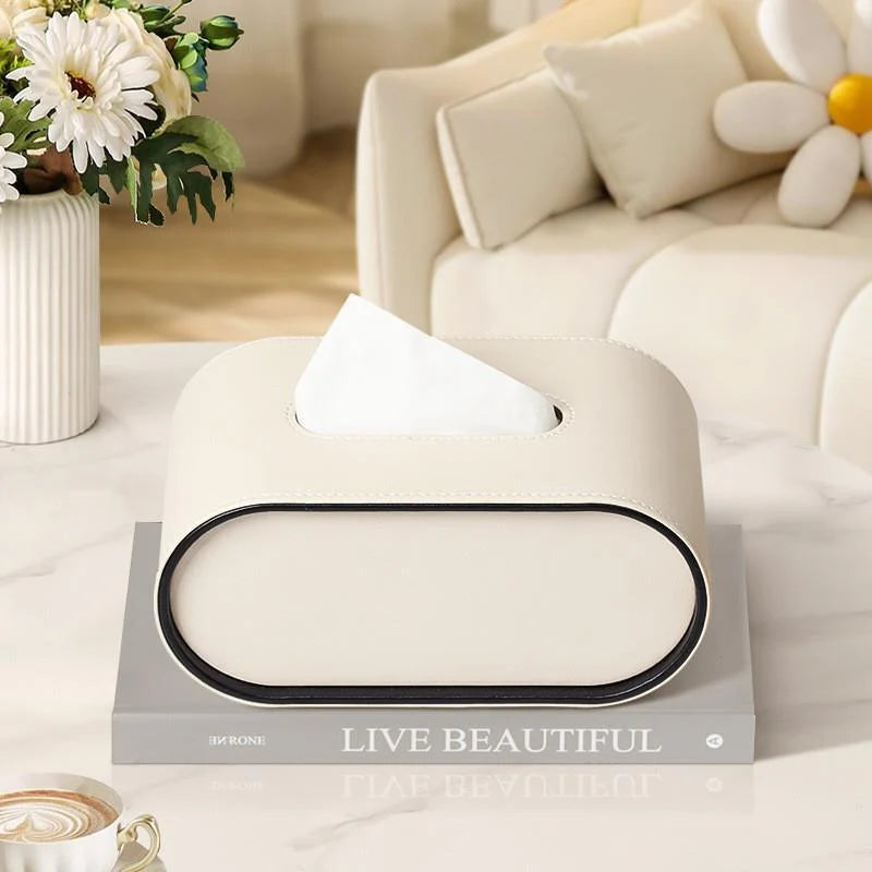 Tissue Box Leather Cover Oval Design Conceals Tissues
