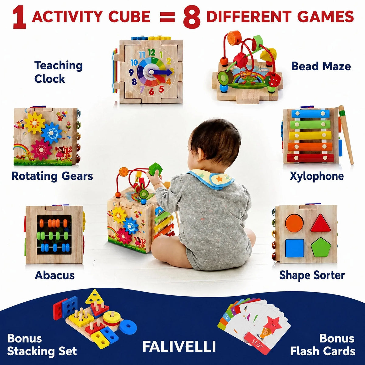 Toddler Activity Cube 8-In-1 Rubberwood Learning Toy