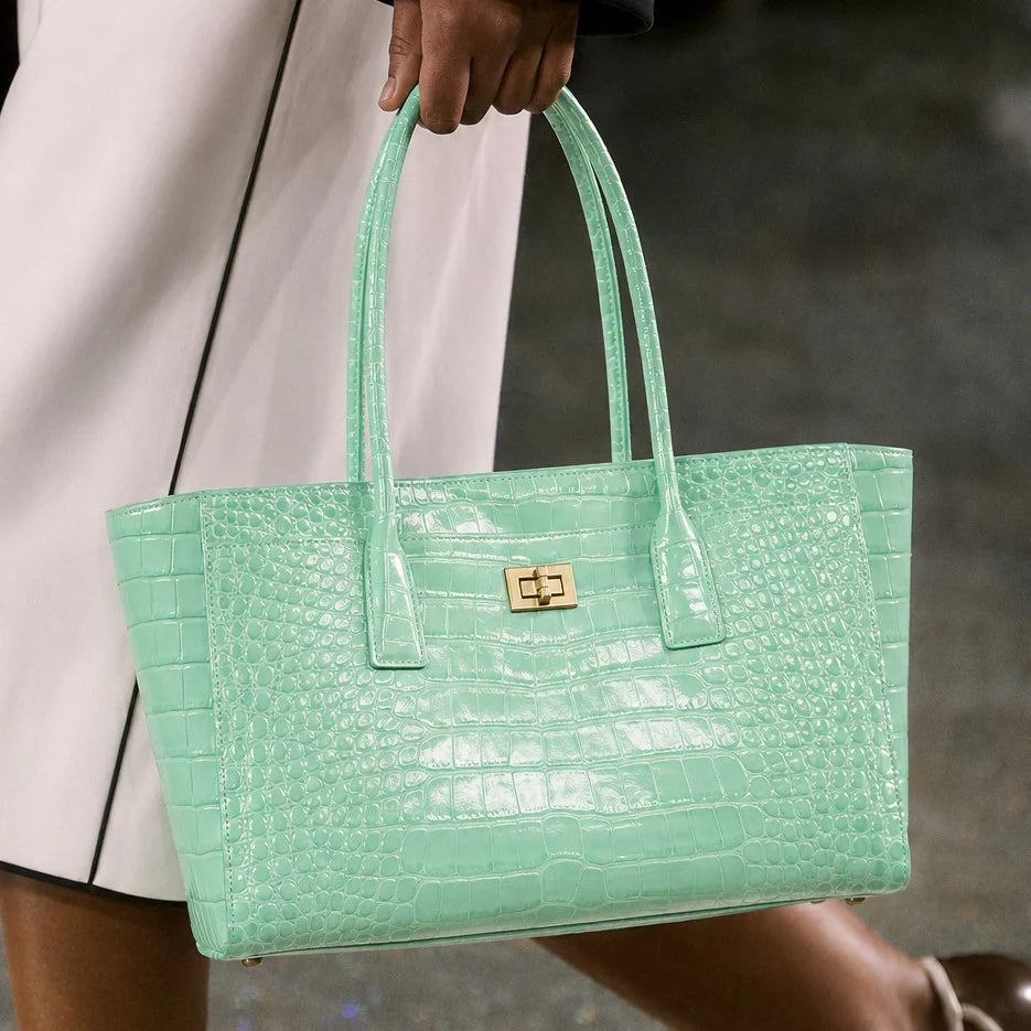 Tote Bag Crocodile-Textured Faux Leather Spacious Double Handles
