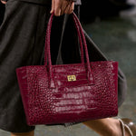 Tote Bag Crocodile-Textured Faux Leather Spacious Double Handles