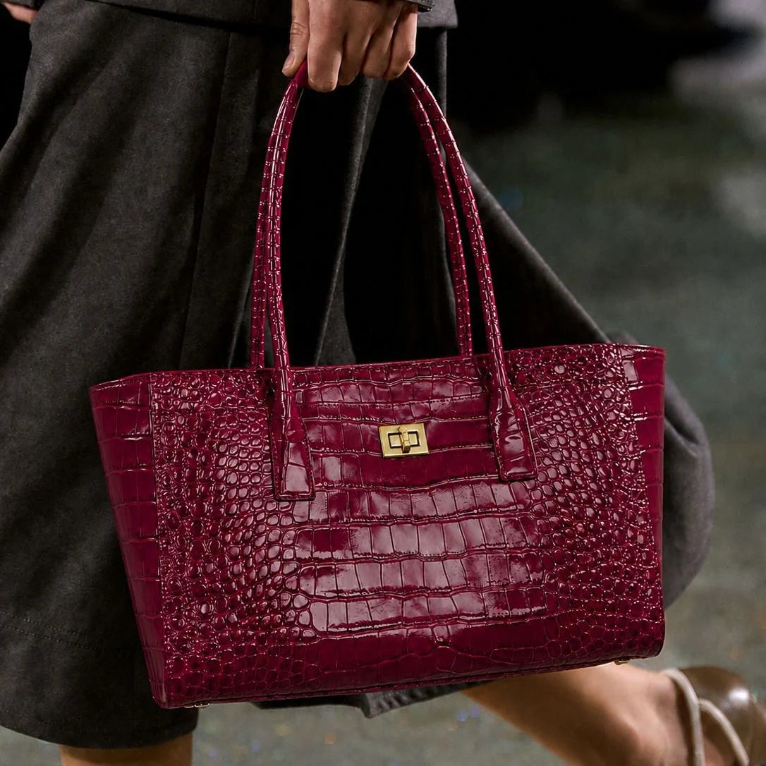 Tote Bag Crocodile-Textured Faux Leather Spacious Double Handles