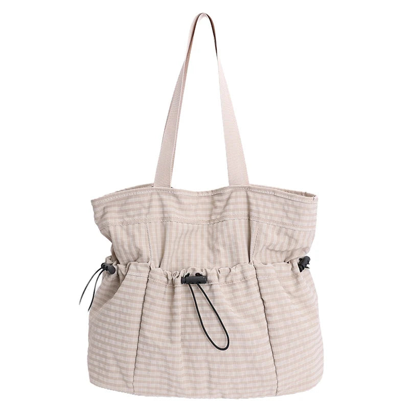 Tote Bag Drawstring Closure Checkered Pattern Spacious Compartment