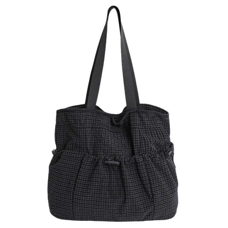 Tote Bag Drawstring Closure Checkered Pattern Spacious Compartment