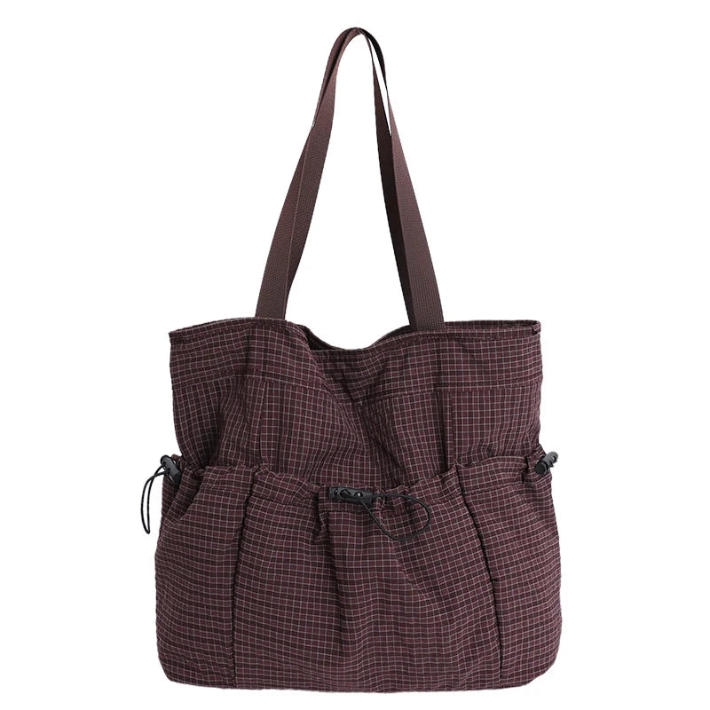 Tote Bag Drawstring Closure Checkered Pattern Spacious Compartment