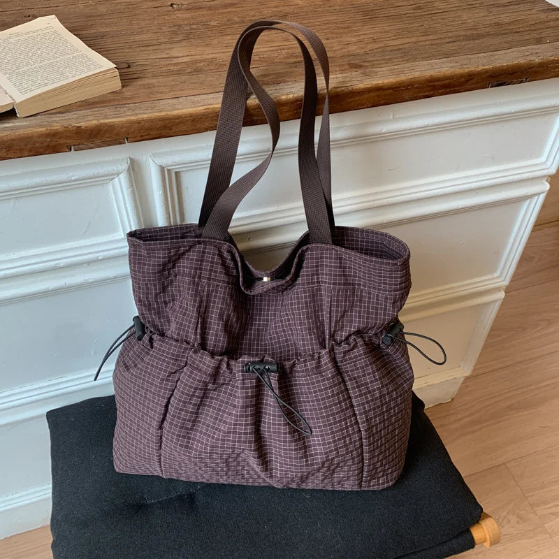 Tote Bag Drawstring Closure Checkered Pattern Spacious Compartment