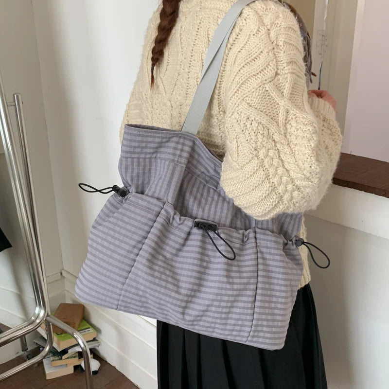 Tote Bag Drawstring Closure Checkered Pattern Spacious Compartment