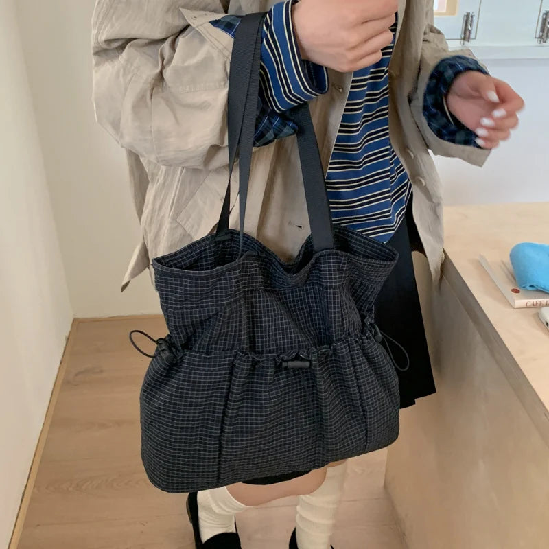 Tote Bag Drawstring Closure Checkered Pattern Spacious Compartment